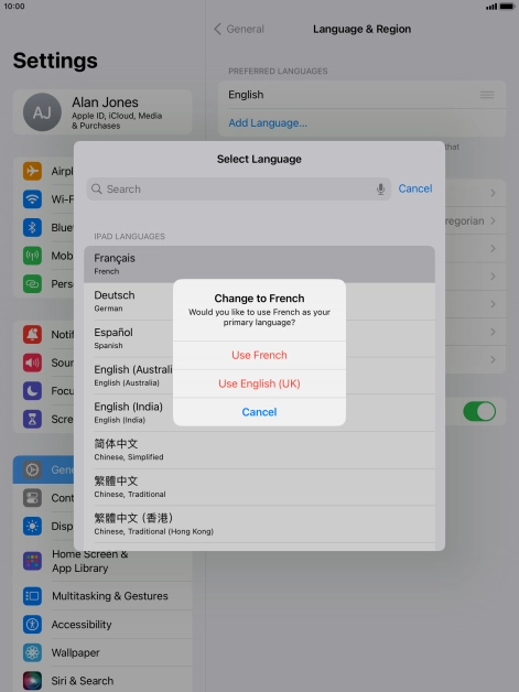 To select the new language as the default tablet language, press Use ‹language›.