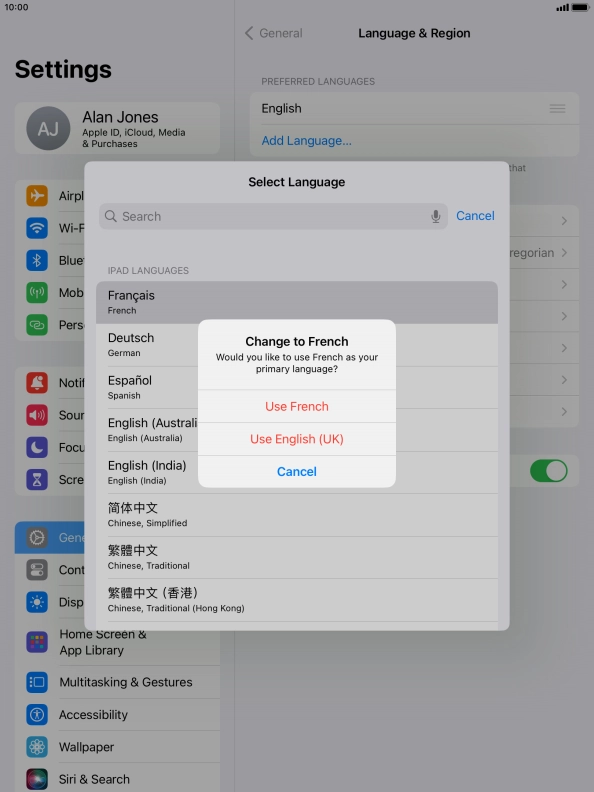 To select the new language as the default tablet language, press Use ‹language›.
