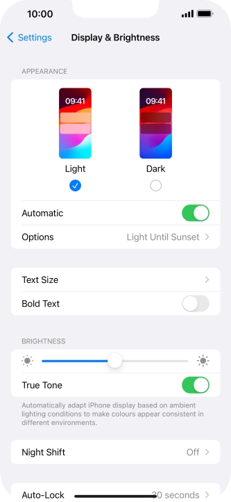 If you turn on the function, press Options and follow the instructions on the screen to select the required period of time for Dark Mode.