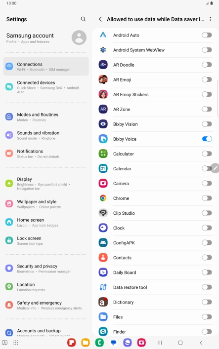 Press the indicators next to the required apps to turn the function on or off.