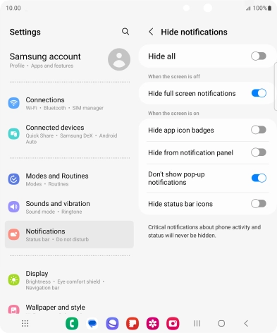 Press the indicators next to the required settings to turn display of the selected notification types on or off.