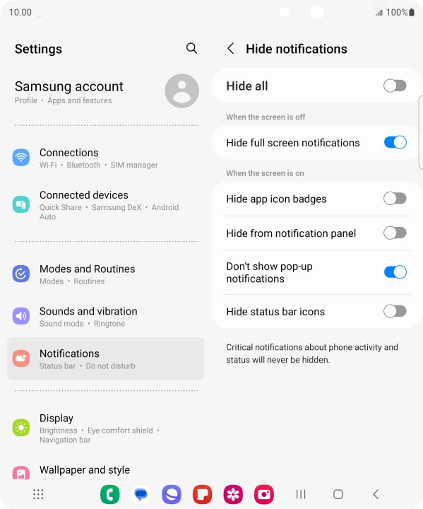 Press the indicators next to the required settings to turn display of the selected notification types on or off.