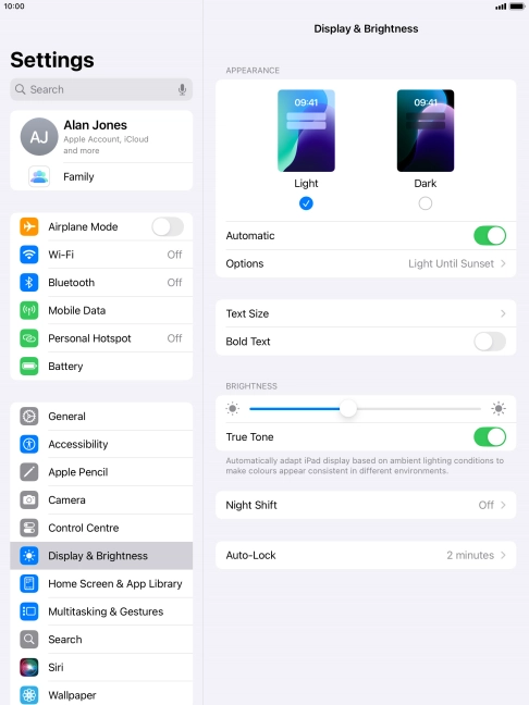 If you turn on the function, press Options and follow the instructions on the screen to select the required period of time for Dark Mode.