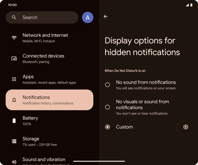 Press the required setting to turn display of the selected notification types on or off.