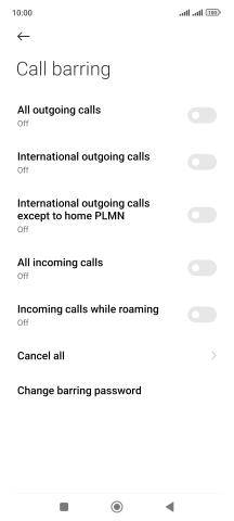 Press the indicator next to the required barring type to turn the function on or off.