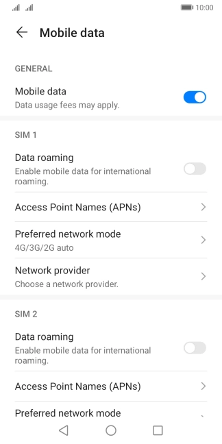 Press Access Point Names (APNs) below the required SIM.