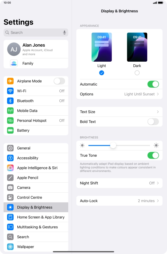 If you turn on the function, press Options and follow the instructions on the screen to select the required period of time for Dark Mode.