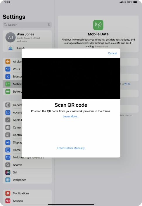 Place the QR code you've received inside the tablet camera frame to scan the code. If you’ve deleted your eSIM, you can re-add it using your existing QR code. If you’re having problems, see our FAQ.