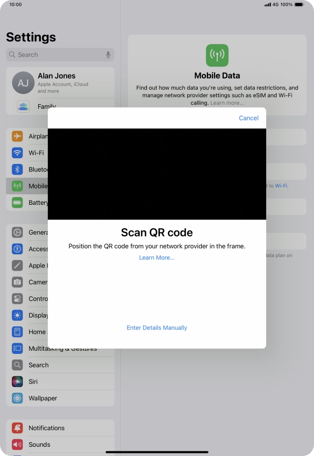 Place the QR code you've received inside the tablet camera frame to scan the code. If you’ve deleted your eSIM, you can re-add it using your existing QR code. If you’re having problems, see our FAQ.