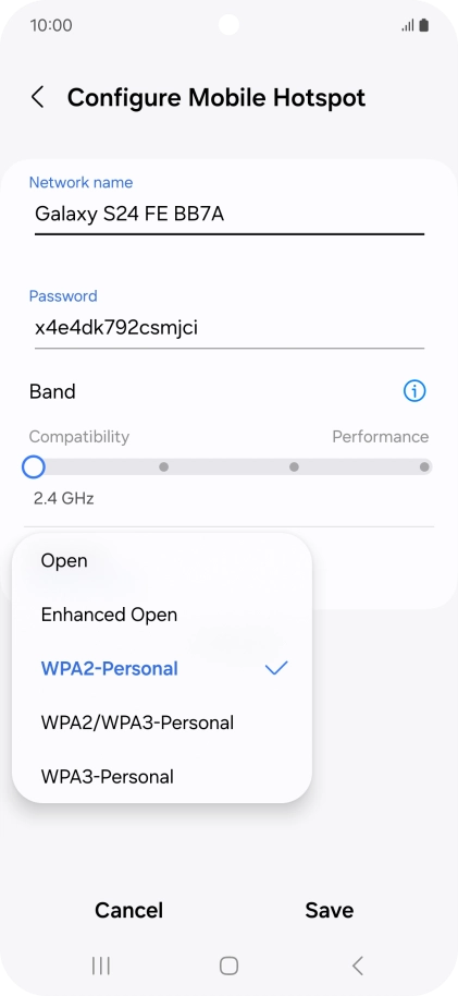 Press WPA3-Personal to password protect your Wi-Fi hotspot.