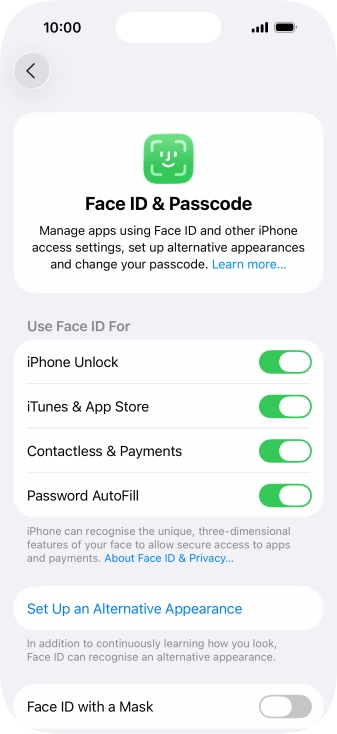 Press the indicators next to the required settings to turn them on or off.
