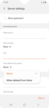 Press Never to keep email messages on the server when you delete them on your phone.