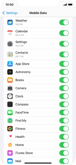 Press the indicators next to the required applications to turn the function on or off.