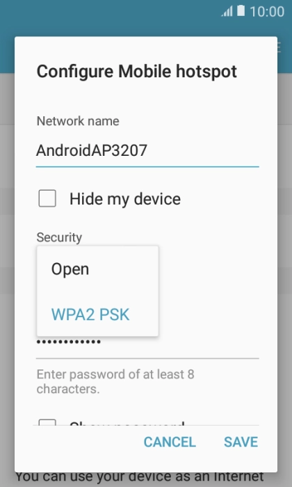 Press WPA2 PSK to password protect your Wi-Fi hotspot.