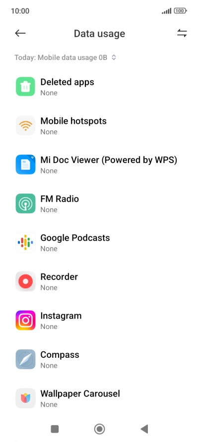 The data usage for each application is displayed below the name of the application.