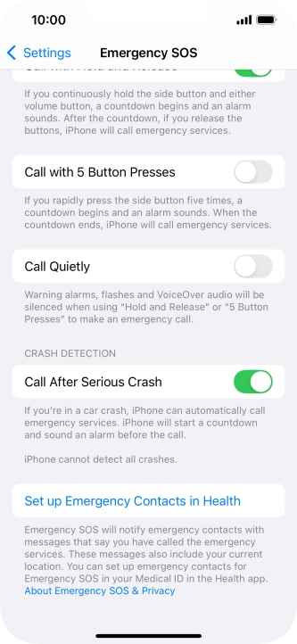 Press Set up Emergency Contacts in Health and follow the instructions on the screen to key in your emergency info and emergency contacts.