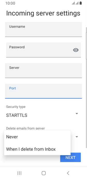 Press Never to keep email messages on the server when you delete them on your phone.