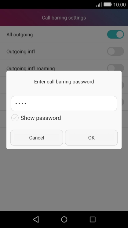 Key in your barring password and press OK. The default barring password is 0000.