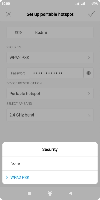 Press WPA2 PSK to password protect your Wi-Fi hotspot.