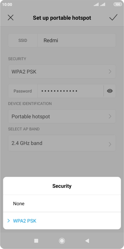 Press WPA2 PSK to password protect your Wi-Fi hotspot.