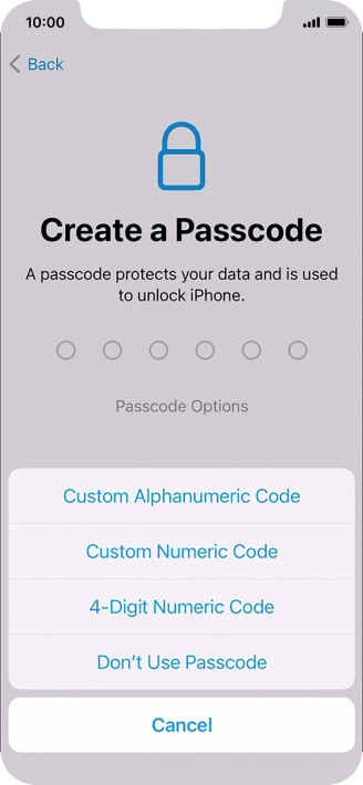 Follow the instructions on the screen to turn on use of phone lock code or press Don't Use Passcode.