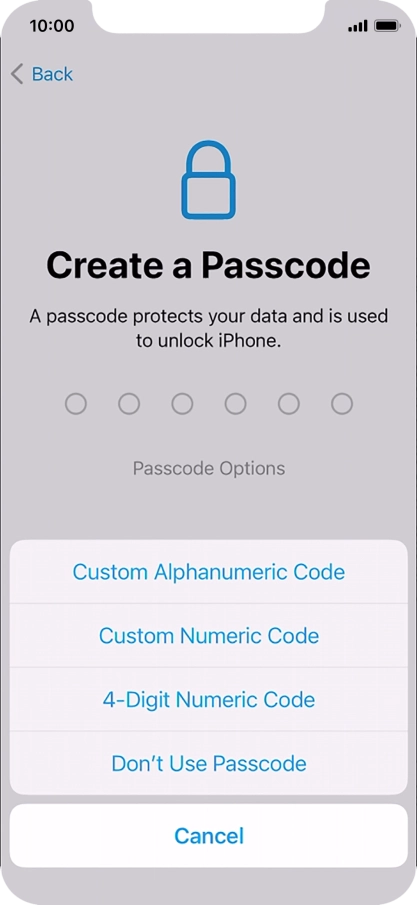 Follow the instructions on the screen to turn on use of phone lock code or press Don't Use Passcode.