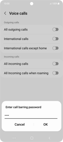 Key in your barring password and press OK. The default barring password is 0000.