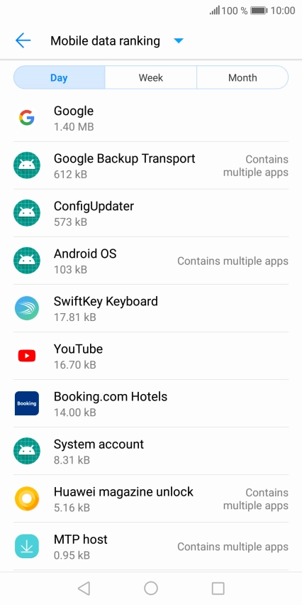 The data usage for each application is displayed below the name of the application.