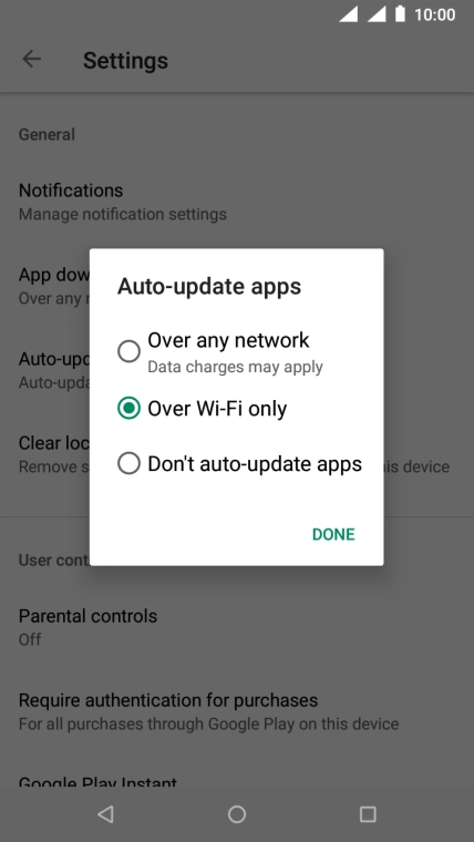 To turn on automatic update of apps using mobile network, press Over any network.