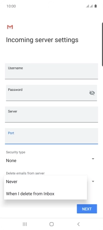 Press Never to keep email messages on the server when you delete them on your phone.