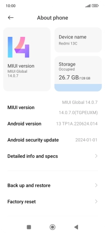 Press MIUI version. If a new software version is available, it's displayed. Follow the instructions on the screen to update the phone software.