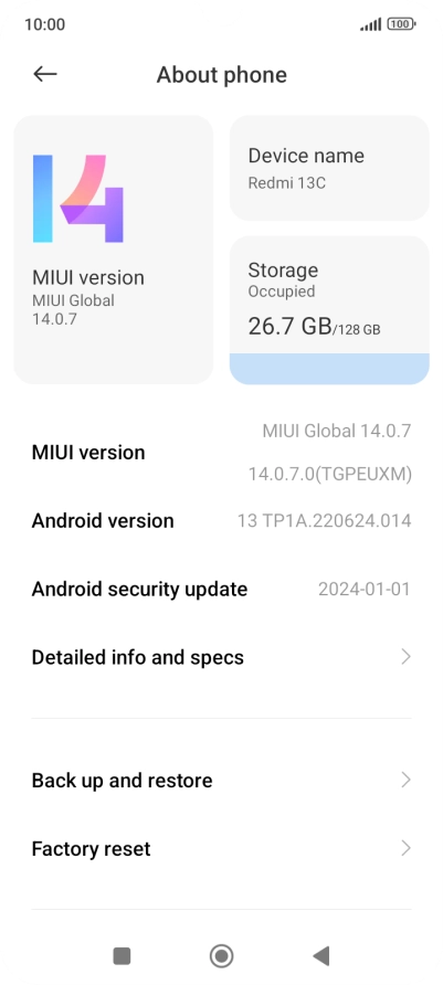 Press MIUI version. If a new software version is available, it's displayed. Follow the instructions on the screen to update the phone software.