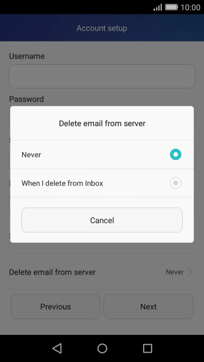 Press Never to keep email messages on the server when you delete them on your phone.