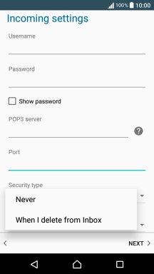 Press Never to keep email messages on the server when you delete them on your phone.