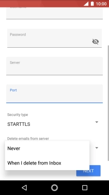Press Never to keep email messages on the server when you delete them on your phone.