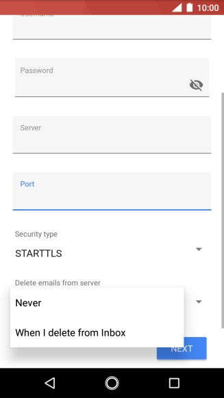 Press Never to keep email messages on the server when you delete them on your phone.