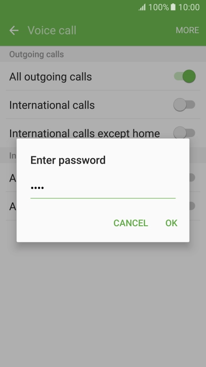 Key in your barring password and press OK. The default barring password is 0000.