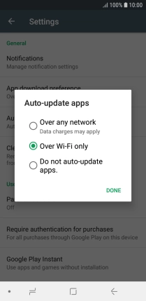 To turn on automatic update of apps using mobile network, press Over any network Data charges may apply.