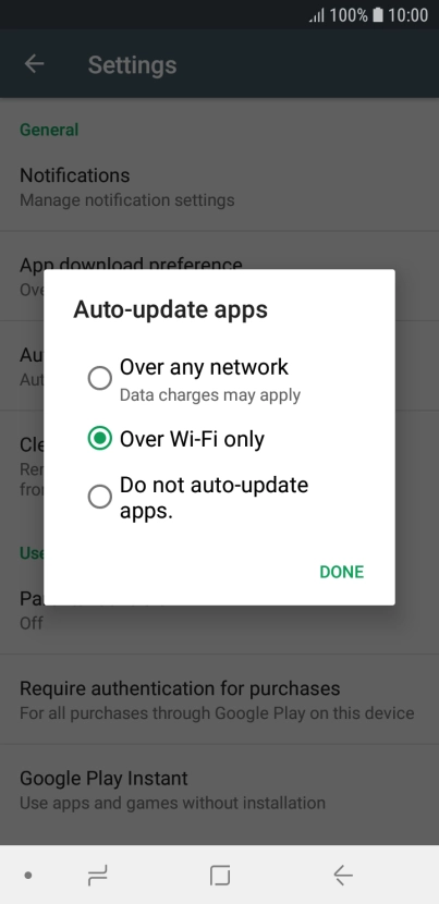 To turn on automatic update of apps using mobile network, press Over any network Data charges may apply.