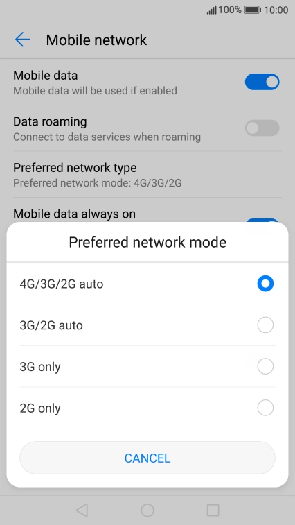 Press the required network mode.