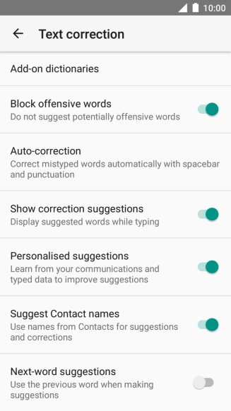 Press Next-word suggestions to turn on the function.