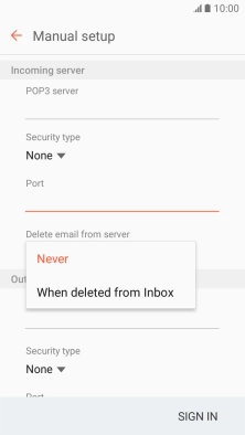 Press Never to keep email messages on the server when you delete them on your phone.