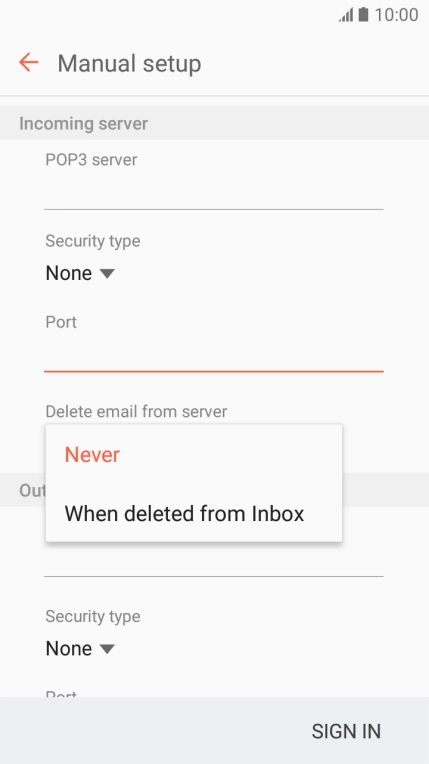 Press Never to keep email messages on the server when you delete them on your phone.