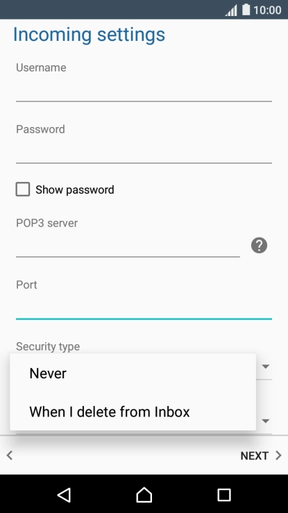 Press Never to keep email messages on the server when you delete them on your phone.