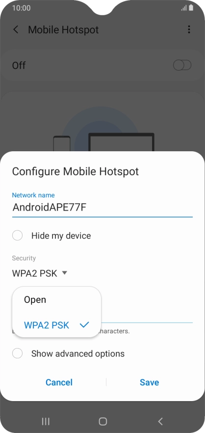 Press WPA2 PSK to password protect your Wi-Fi hotspot.