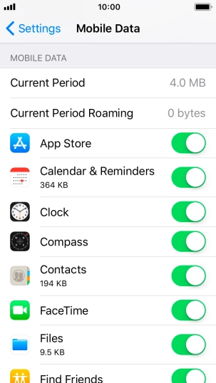 Press the indicator next to the required application to turn the function on or off.