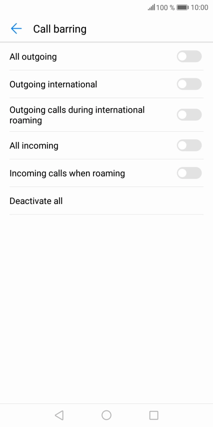 Press the indicator next to the required barring type to turn the function on or off.