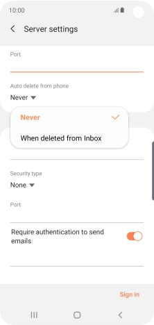 Press Never to keep email messages on the server when you delete them on your phone.