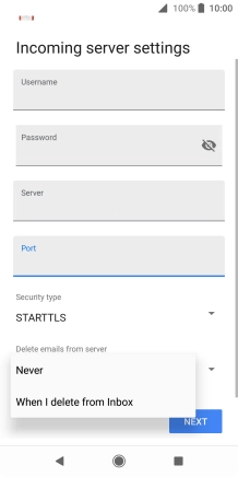 Press Never to keep email messages on the server when you delete them on your phone.