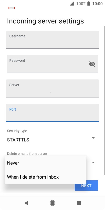 Press Never to keep email messages on the server when you delete them on your phone.